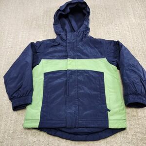 LL Bean Jacket Kids Medium 5-6 Softshell Fleece Lined Blue Green Hooded Reflect